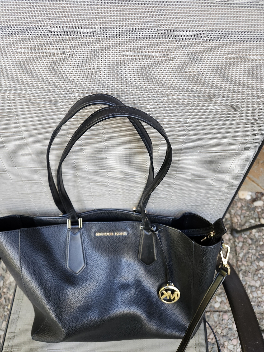 Michael Kors Black Pebbled Leather Tote with Gold MK Charm